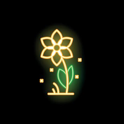 Neon flower shining with green leaves and sparkles