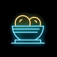 Neon icon of a bowl containing two round objects on a square coaster vector