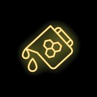 Neon sign of honey pouring from a honeycomb jar on black background vector