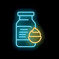 Neon icon of macadamia milk alternative in glass bottle with nut vector