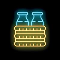 Neon sign of milk bottles in a crate glowing on black background vector