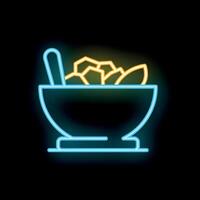Neon sign of salad in bowl with spoon on black background vector