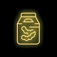 Neon sign of a box of soybeans glowing on a black background vector