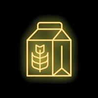 Glowing neon icon of milk or juice carton with plant symbol on black background vector