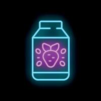 Neon icon of a strawberry milkshake in a glass bottle glowing on a black background vector