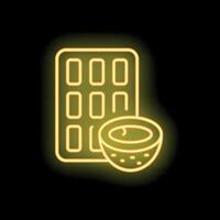 Neon sign showing chocolate bar and half of coconut representing vegan dessert vector