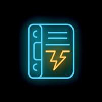 Neon icon of a notebook with a lightning bolt symbolizing energy and power vector