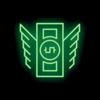 Neon green banknote with wings flying on black background vector