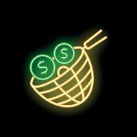 Neon sign of fork lifting dollar coins from net representing wealth management vector