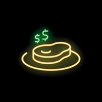 Neon sign representing expensive cooked steak on plate with dollar symbols vector
