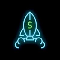 Neon rocket launching with dollar sign inside on black background vector