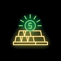 Neon sign representing dollar sign shining over gold bars on black background vector