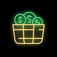 Neon icon of shopping basket full of dollar coins representing sales vector