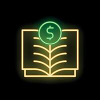 Neon icon of open book with dollar symbol representing financial education vector