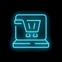 Neon shopping cart icon hovering over laptop keyboard symbolizing online shopping vector