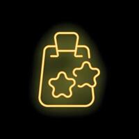 Neon shopping bag shining with two stars on black background vector