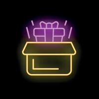 Neon gift box opening with ribbon shining on black background vector