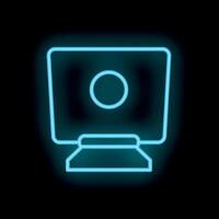 Glowing neon icon of a computer displaying a circle on black background vector