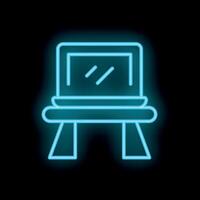 Neon laptop computer sitting on bench icon glowing on black background vector