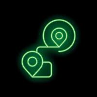 Neon green route icon showing two locations connected by line on black background vector