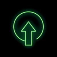 Green neon arrow pointing up in a circle on black background vector