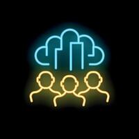 Neon icon of a team of developers sharing data in cloud computing vector