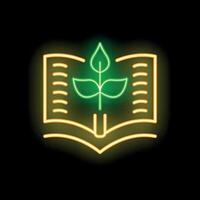 Neon icon of open book with growing plant for education and knowledge vector