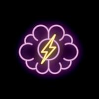 Neon sign of brain with lightning bolt symbolizing brainstorming vector