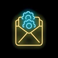 Neon icon of open mail envelope with gears representing automated email marketing vector