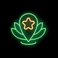 Neon green glowing location pin pointing with star showing best place for yoga meditation relaxation logo sign vector