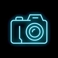 Neon camera icon glowing on dark background vector