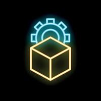 Neon gear rotating above a cube symbolizing automation vector
