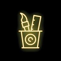 Glowing neon line copyright law concept icon with a brush and ruler in a cup on a black background vector