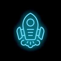 Blue neon sign of spaceship taking off from ground with smoke cloud vector