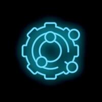 Neon blue gear wheel connecting data points on black background vector