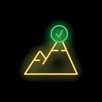 Neon sign representing reaching goal with mountain and check mark vector