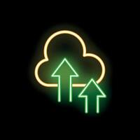 Neon cloud computing uploading arrows sign on black background vector