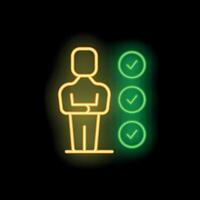 Businessman standing with arms crossed near checklist with check marks in neon style vector