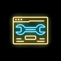 Neon website under construction with wrench icon on black background vector
