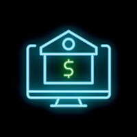 Neon icon of bank building displaying on computer screen for online banking concept vector