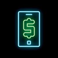 Neon sign showing smartphone displaying dollar sign on black background vector