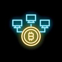 Bitcoin network connecting computers using blockchain technology neon icon vector