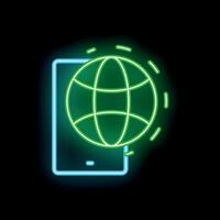 Neon icon of smartphone showing rotating globe for global communication vector