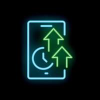 Neon icon of smartphone showing fast upload speed time concept vector