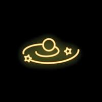 Neon yellow planet orbiting around star with asteroids vector