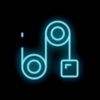 Blue neon mechanical transmission belt connecting two wheels on a dark background vector