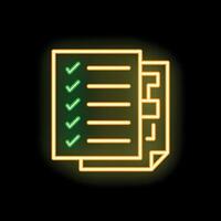 Neon sign of documents with check marks on black background vector