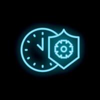 Neon icon of a clock overlapping a shield protecting a gear vector