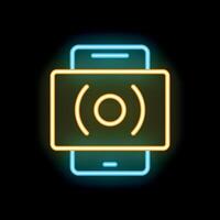 Neon icon of smartphone scanning qr code on black background vector