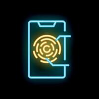 Smartphone scanning fingerprint accessing security neon sign icon vector